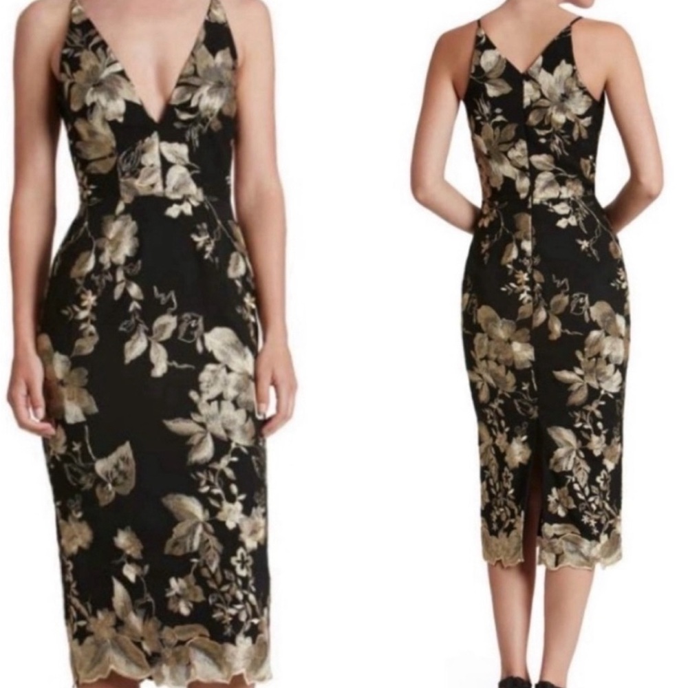Dress the Population Lucy Gold Metallic Midi Dress Plunging Neckline Sleeveless